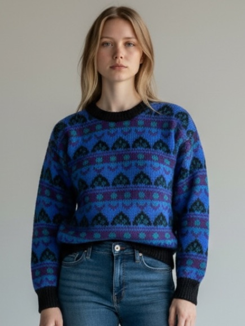 Vintage 1980s “Ugly Awesome” Mohair blend Blue Purple Crewneck Sweater - Large